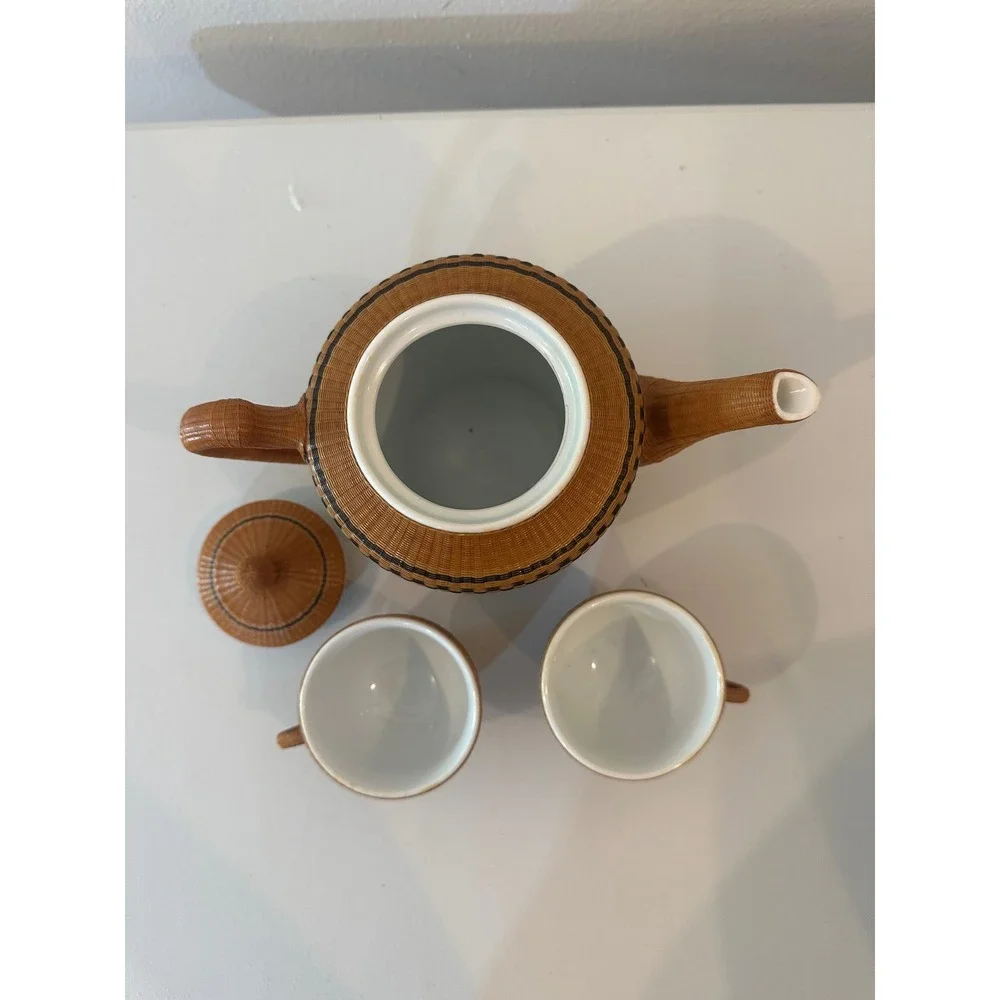 Vintage Woven Wicker Rattan Wrapped Ceramic Teapot and 2 Cups Tea Set Brown